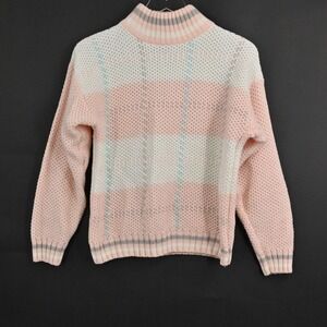 Vtg Pastel Sweater Size M Fairy Kei Plaid Chunky Knit Mock Neck Kawaii Cute Goth